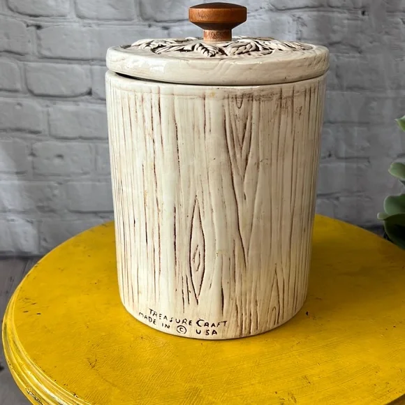 Treasure craft flour floral canister retro vintage 60s 70s BoHo bohemian wood - Picture 3 of 10